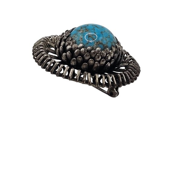 VTG Brooch Silver Tone Turquoise Stone Native Art Point Boho Chic Statement Pin - Picture 7 of 11